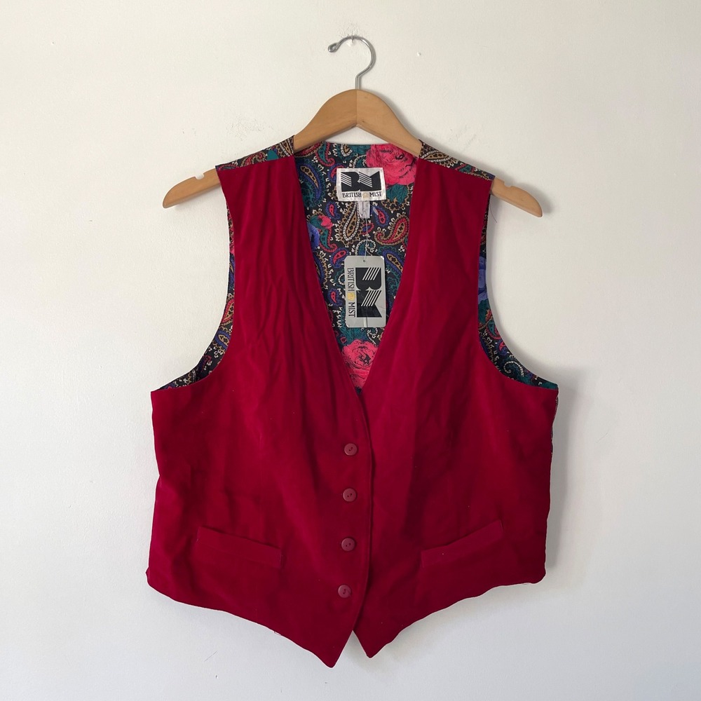 Red Velvet Paisley Floral Back Waistcoat Vest Large Academia Whimsigoth Vintage